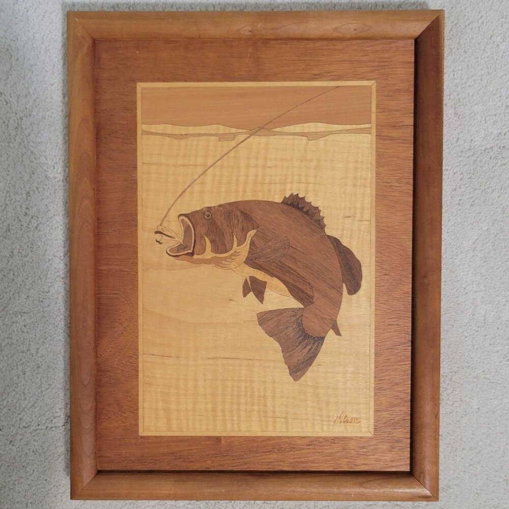 Vintage Handcrafted Jeff Nelson Signed Wood Inlay Fly Fishing Bass Artwork